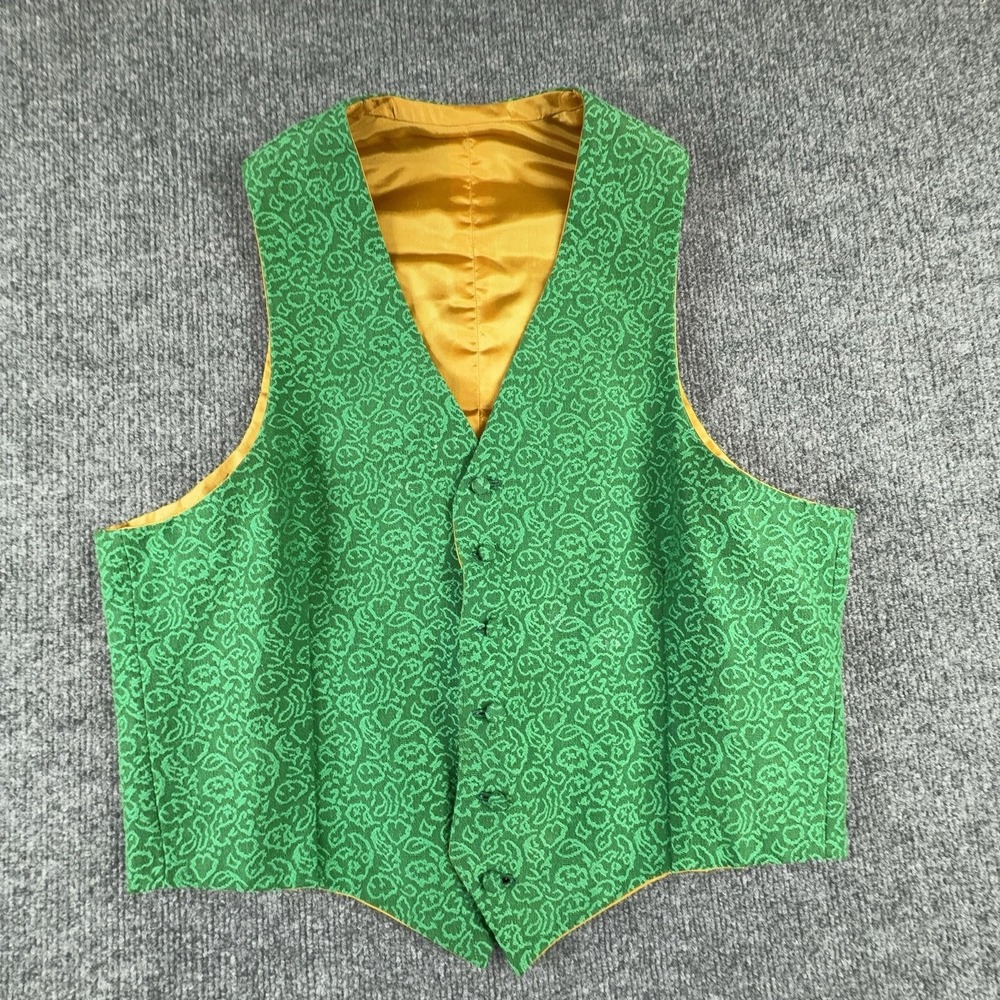 Green Floral Suit Vest Mens Large Gold Satin Lining Formal Wedding Costume